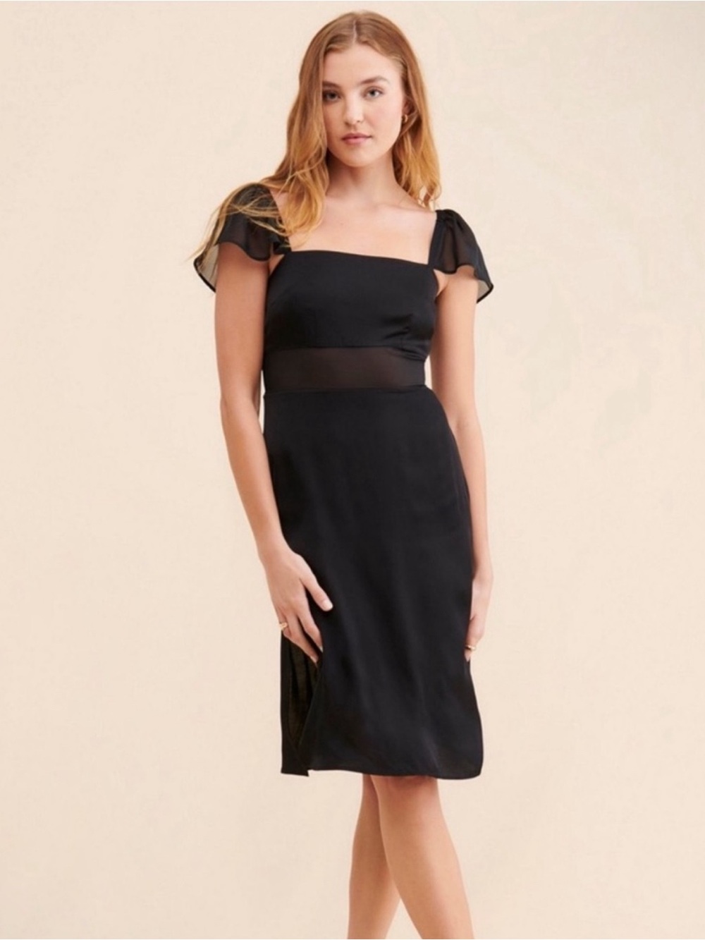 Anthropologie Black Square-Neck Midi Dress with Sheer Waistband